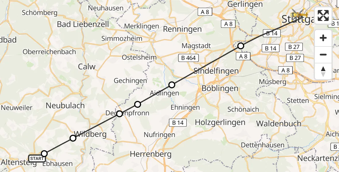 Flugroute Rettungshubschrauber Altensteig - Stuttgart, 16 Mai 2026, 16:52