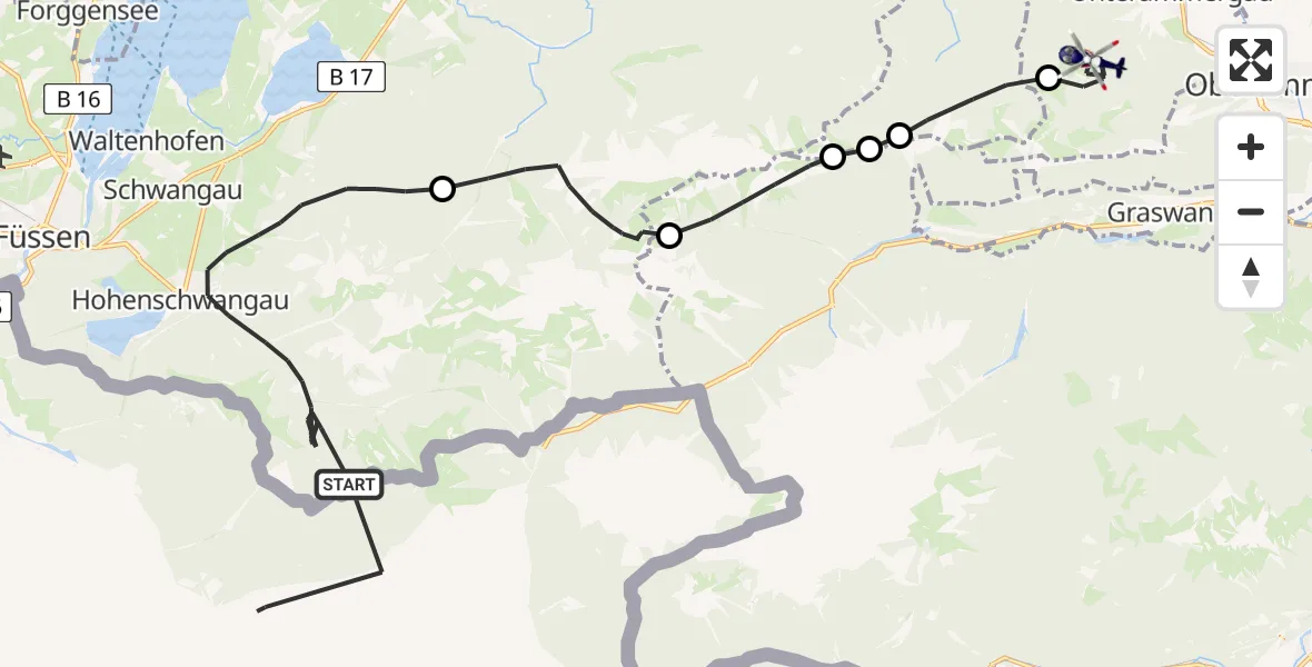 Flugroute Polizeihubschrauber Schwangau - Unterammergau, 16 Mai 2026, 16:53