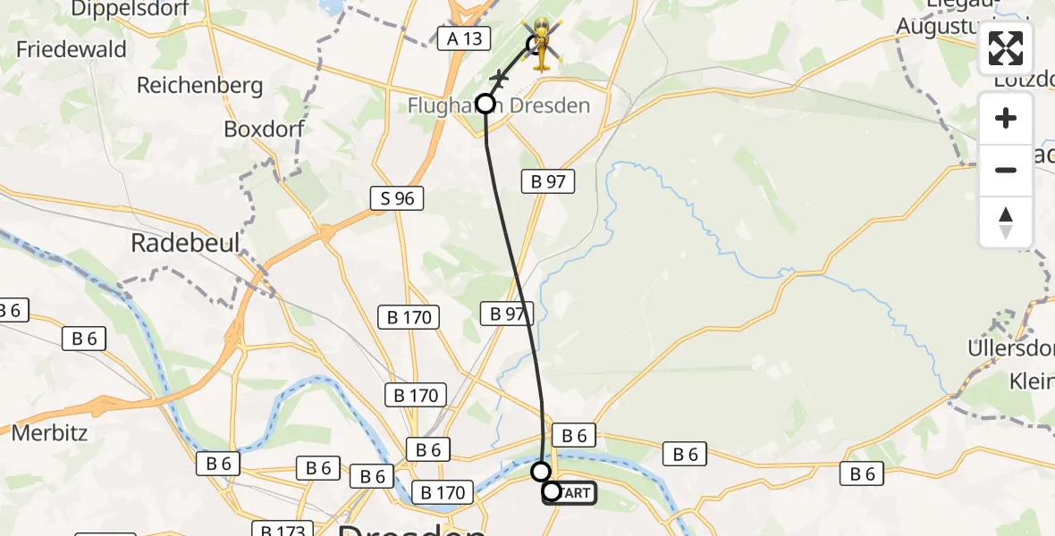 Flugroute Rettungshubschrauber Dresden University Hospital - Dresden Bundespolizei Hubschrauberlandeplatz, 16 Mai 2026, 17:05