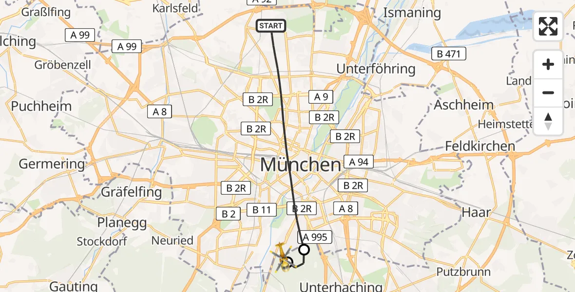 Flugroute Rettungshubschrauber München - ADAC Air Rescue Center Hubschrauberlandeplatz (Christoph 1), 16 Mai 2026, 17:07