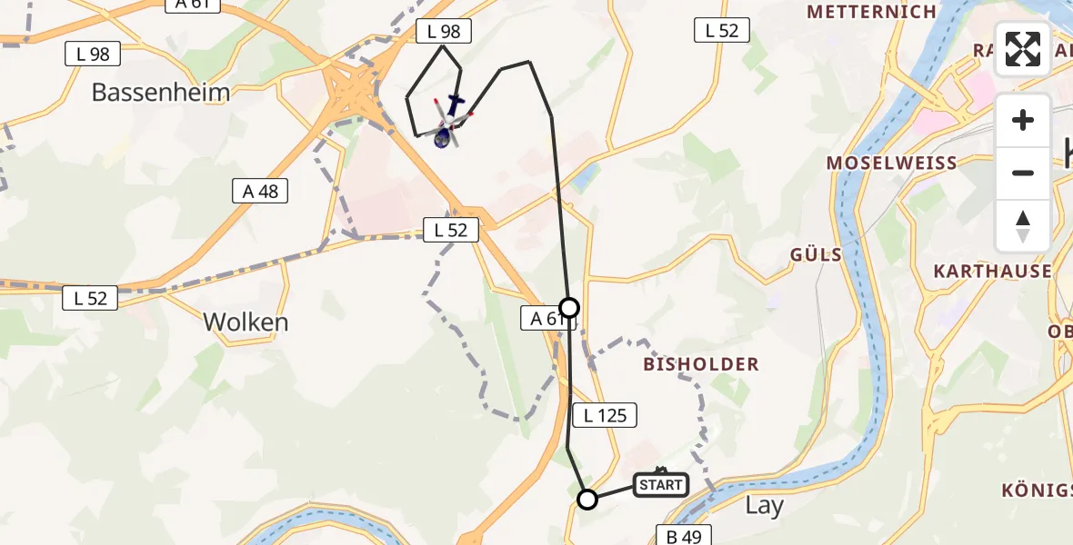 Flugroute Polizeihubschrauber Koblenz-Winningen Flugplatz - Koblenz, 16 Mai 2026, 17:20