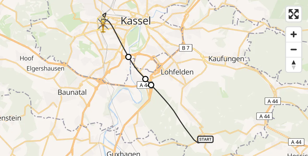 Flugroute Rettungshubschrauber Söhrewald - Kassel, 16 Mai 2026, 17:21