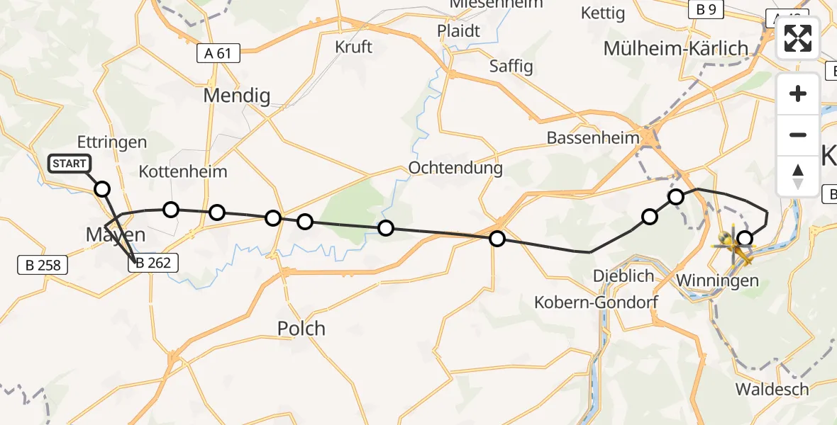 Flugroute Ambulanzhubschrauber Sankt Johann - Koblenz-Winningen Flugplatz, 16 Mai 2026, 17:24