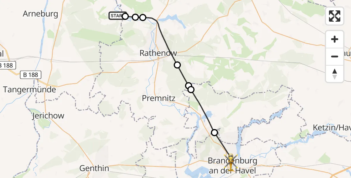 Flugroute Rettungshubschrauber Schollene - Brandenburg an der Havel, 16 Mai 2026, 17:24