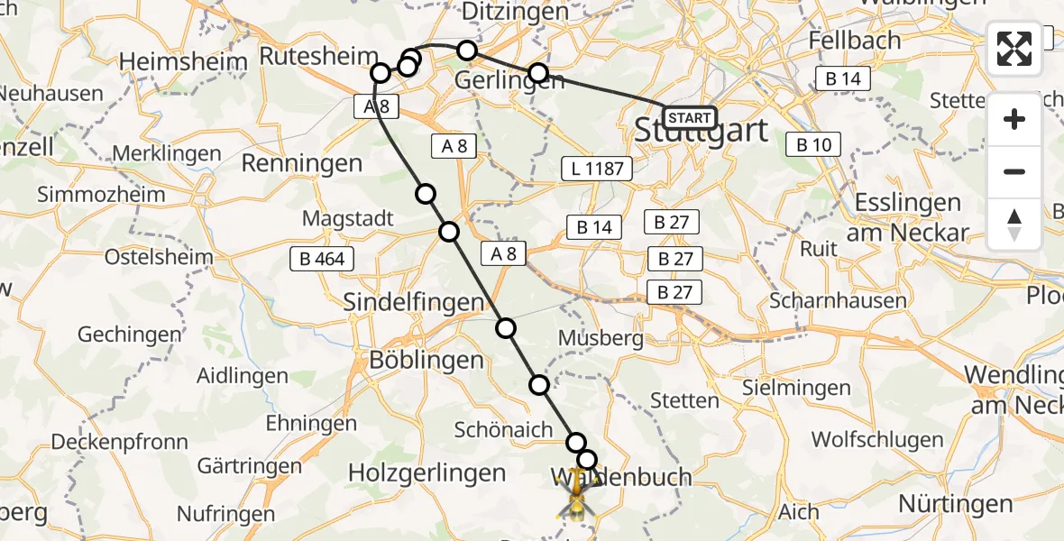 Flugroute Rettungshubschrauber Stuttgart - Waldenbuch, 16 Mai 2026, 17:24
