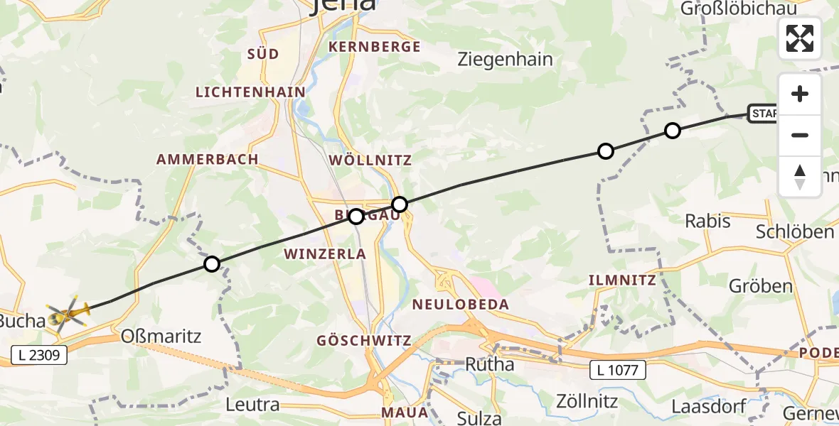 Flugroute Rettungshubschrauber Großlöbichau - Bucha, 16 Mai 2026, 17:29