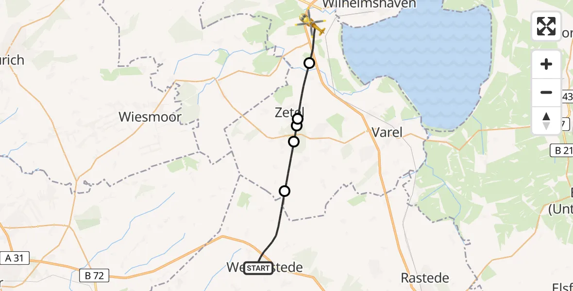 Flugroute Rettungshubschrauber Westerstede - Sande, 16 Mai 2026, 17:29