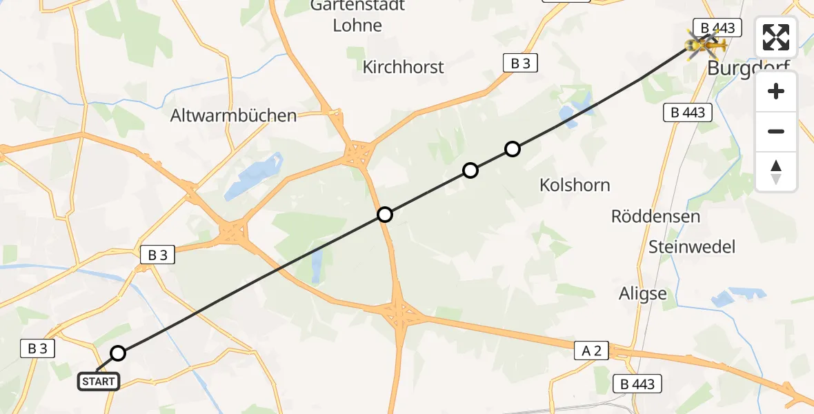 Flugroute Rettungshubschrauber Hannover Luftrettung Hubschrauberlandeplatz (Christoph 4) - Burgdorf, 16 Mai 2026, 17:33