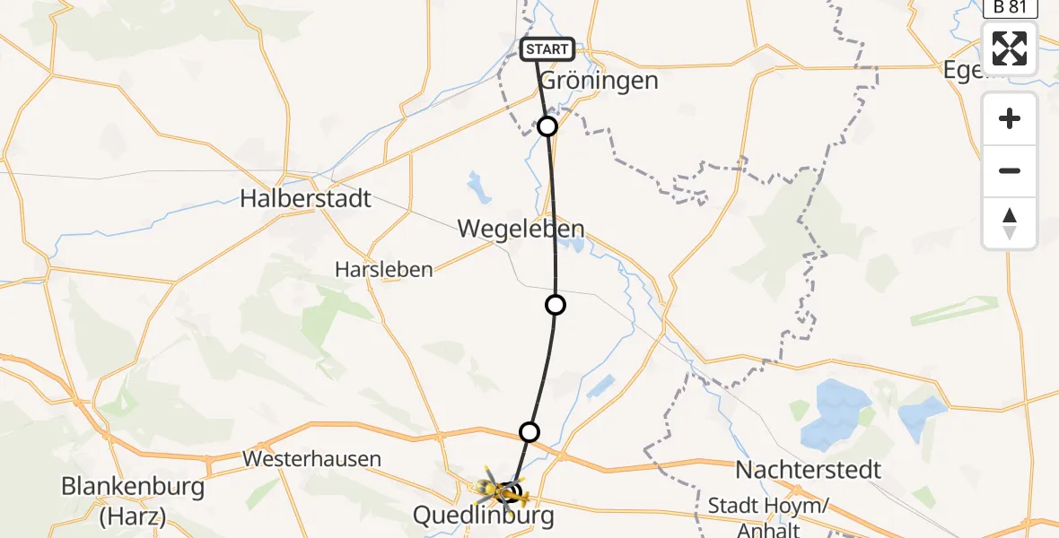 Flugroute Rettungshubschrauber Gröningen - Harz Hospital Quedlinburg, 16 Mai 2026, 17:33