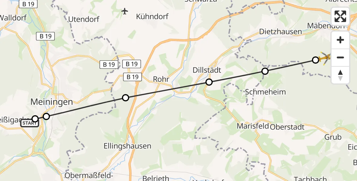 Flugroute Rettungshubschrauber Helios Clinic Meiningen - Suhl, 16 Mai 2026, 17:45