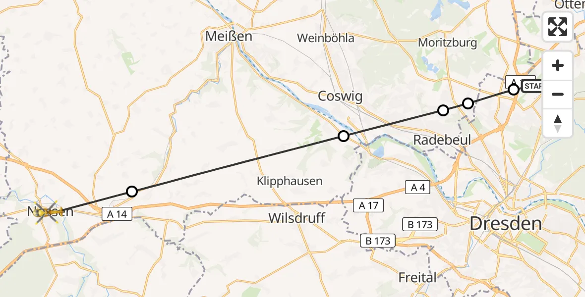 Flugroute Rettungshubschrauber Dresden Flughafen - Nossen, 16 Mai 2026, 17:46