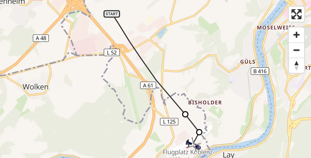 Flugroute Polizeihubschrauber Koblenz - Koblenz-Winningen Flugplatz, 16 Mai 2026, 17:50