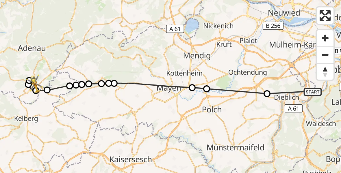 Flugroute Ambulanzhubschrauber Koblenz-Winningen Flugplatz - Nürburgring Hubschrauberlandeplatz, 16 Mai 2026, 17:51