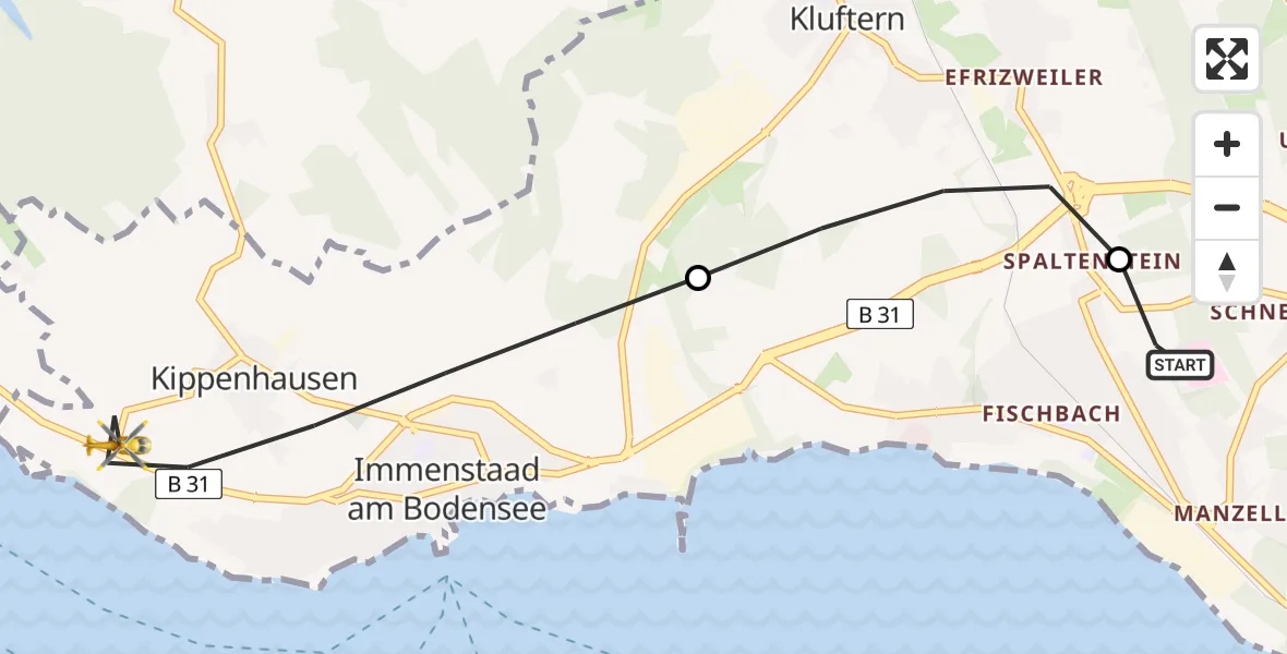 Flugroute Rettungshubschrauber Friedrichshafen Hospital - Immenstaad am Bodensee, 16 Mai 2026, 17:52
