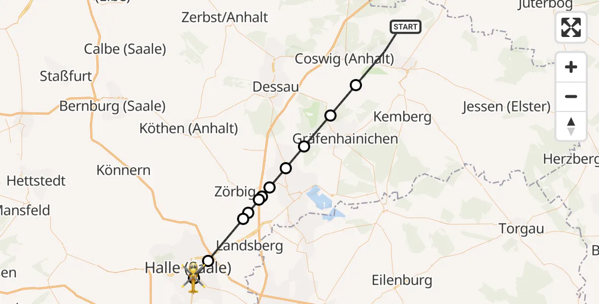 Flugroute Rettungshubschrauber Wittenberg - BG Hospital Bergmannstrost Halle, 16 Mai 2026, 17:54