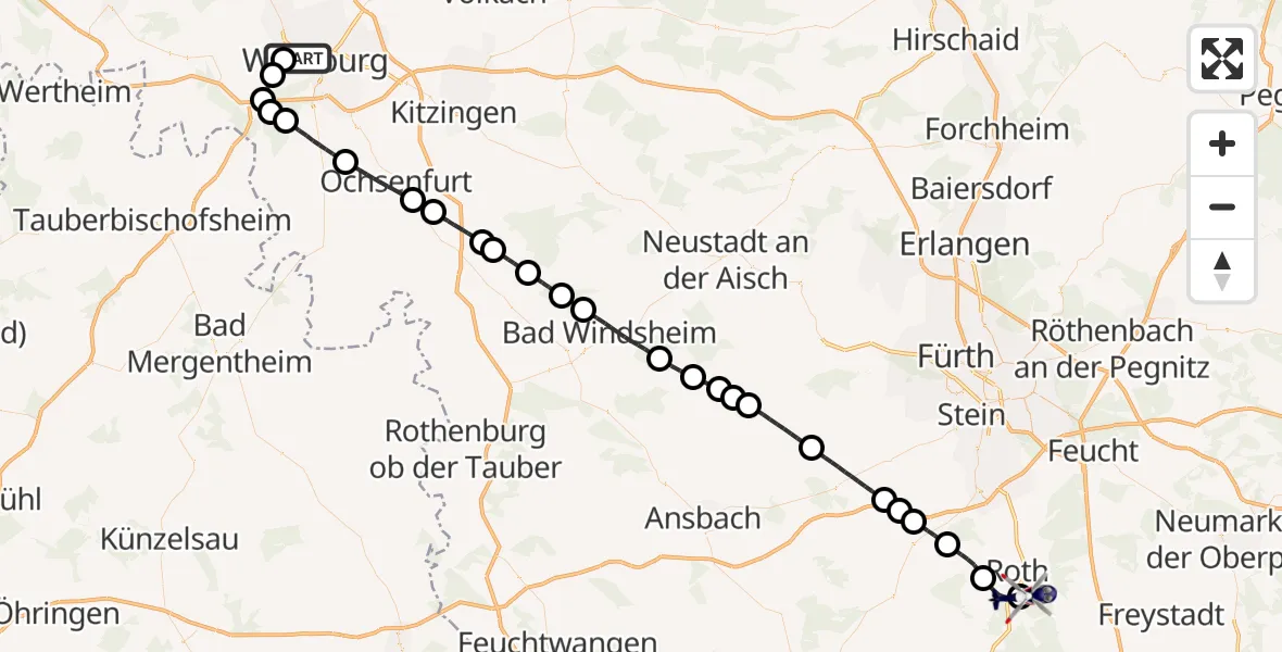 Flugroute Polizeihubschrauber Würzburg - Flugplatz Roth, 16 Mai 2026, 17:59