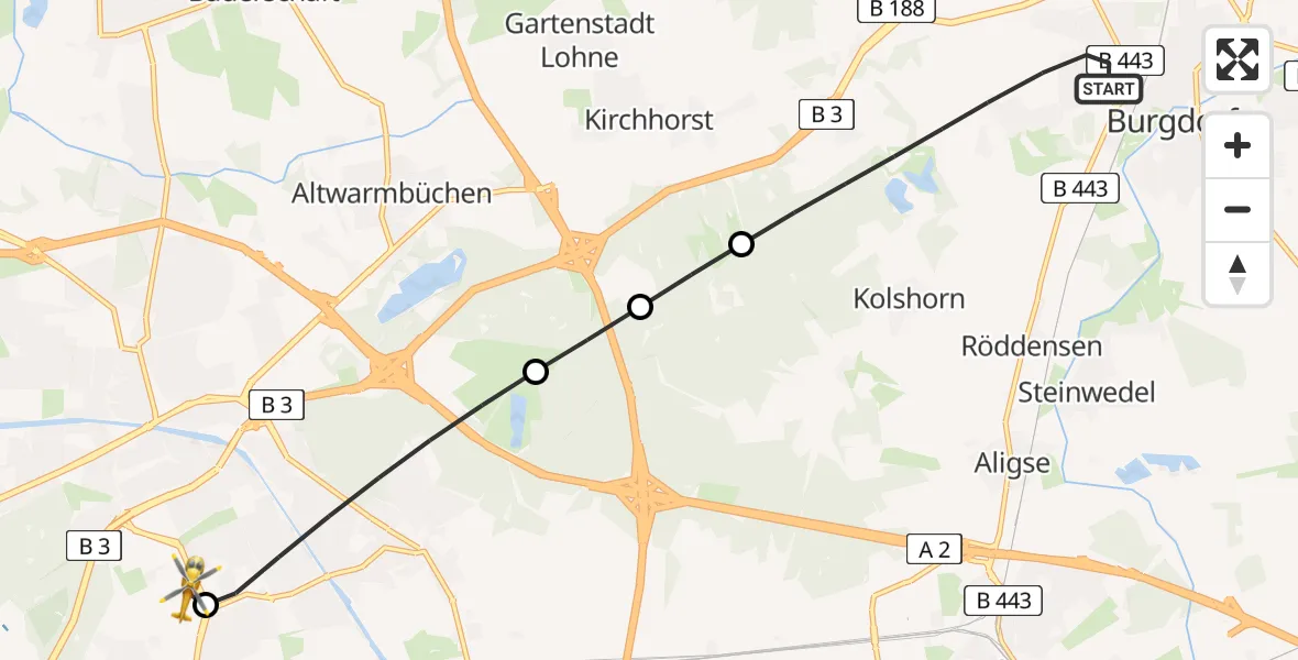 Flugroute Rettungshubschrauber Burgdorf - Hannover Luftrettung Hubschrauberlandeplatz (Christoph 4), 16 Mai 2026, 18:02