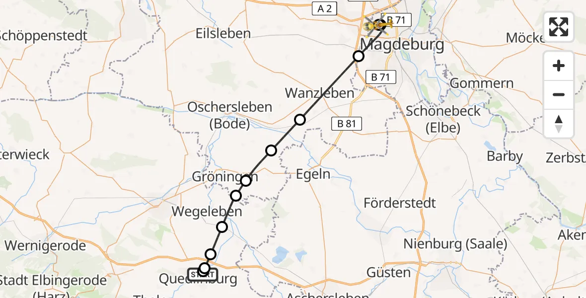 Flugroute Rettungshubschrauber Harz Hospital Quedlinburg - Magdeburg Hospital, 16 Mai 2026, 18:09