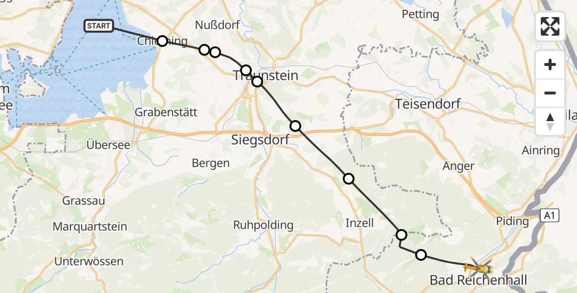 Flugroute Rettungshubschrauber Chiemsee (See) - Bad Reichenhall Krankenhaus Hubschrauberlandeplatz, 16 Mai 2026, 18:09