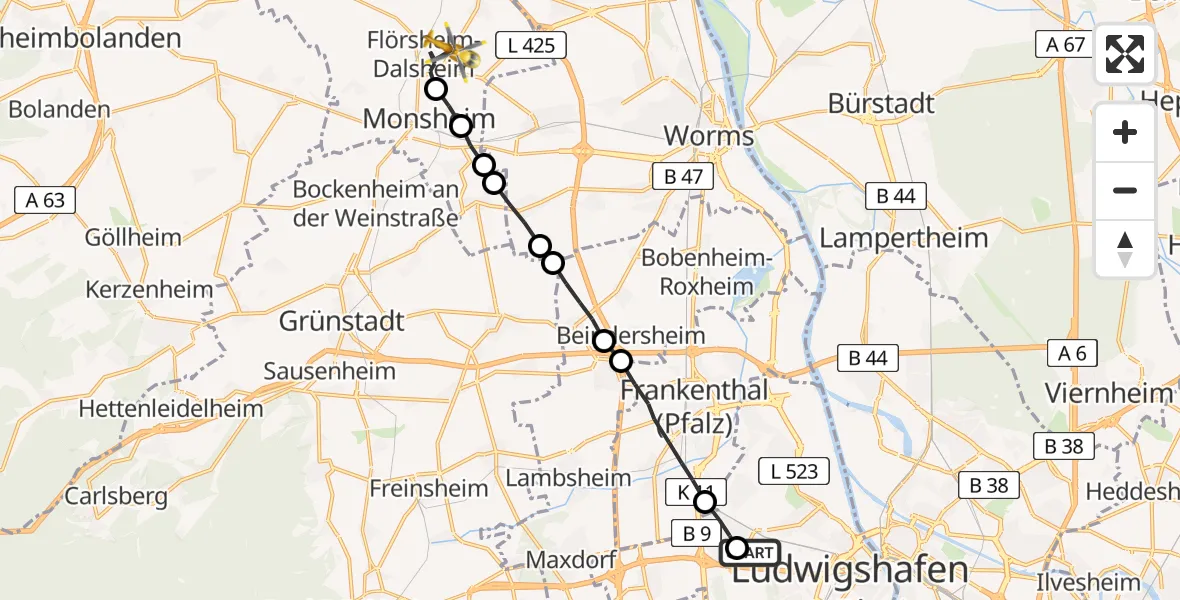 Flugroute Rettungshubschrauber Ludwigshafen Accident Hospital - Flörsheim-Dalsheim, 16 Mai 2026, 18:16
