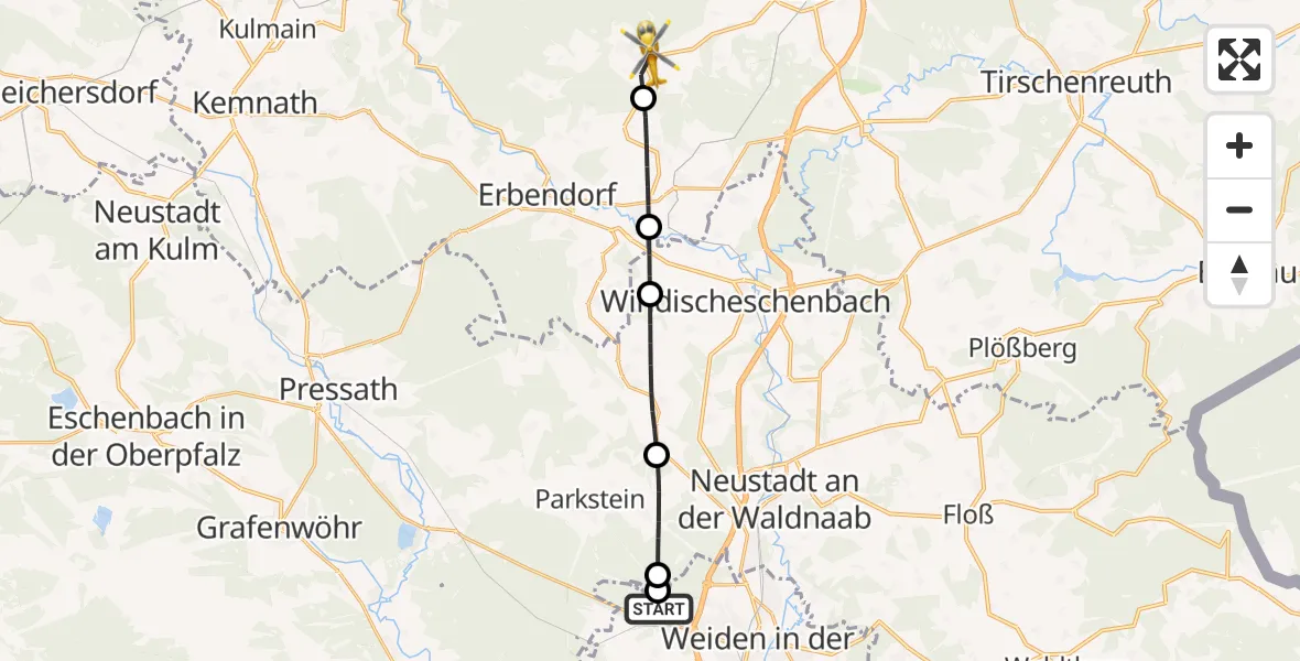 Flugroute Rettungshubschrauber Weiden i.d.OPf. - Friedenfels, 16 Mai 2026, 18:19