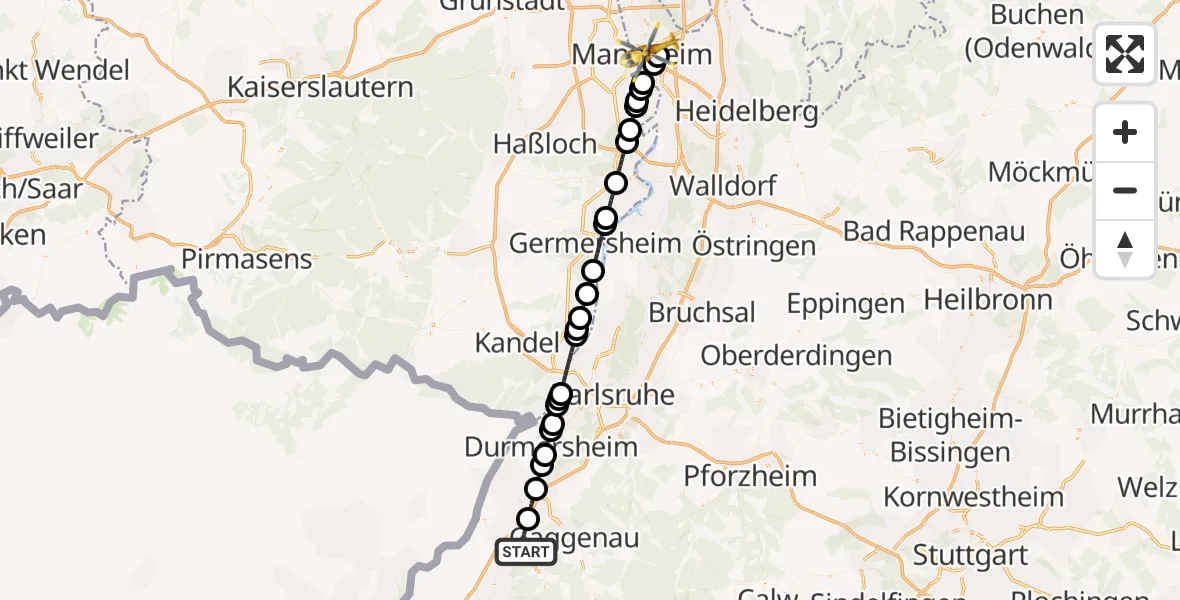 Flugroute Rettungshubschrauber Baden-Baden - Mannheim, 16 Mai 2026, 18:19