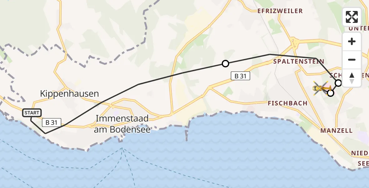 Flugroute Rettungshubschrauber Immenstaad am Bodensee - Friedrichshafen Hospital, 16 Mai 2026, 18:22
