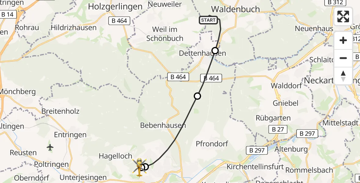 Flugroute Rettungshubschrauber Waldenbuch - Tübingen Trauma Hospital, 16 Mai 2026, 18:30