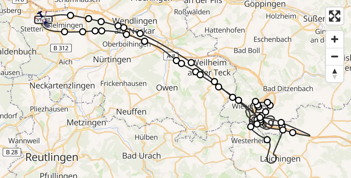 Flugroute Polizeihubschrauber Flughafen Stuttgart - Flughafen Stuttgart, 16 Mai 2026, 18:38