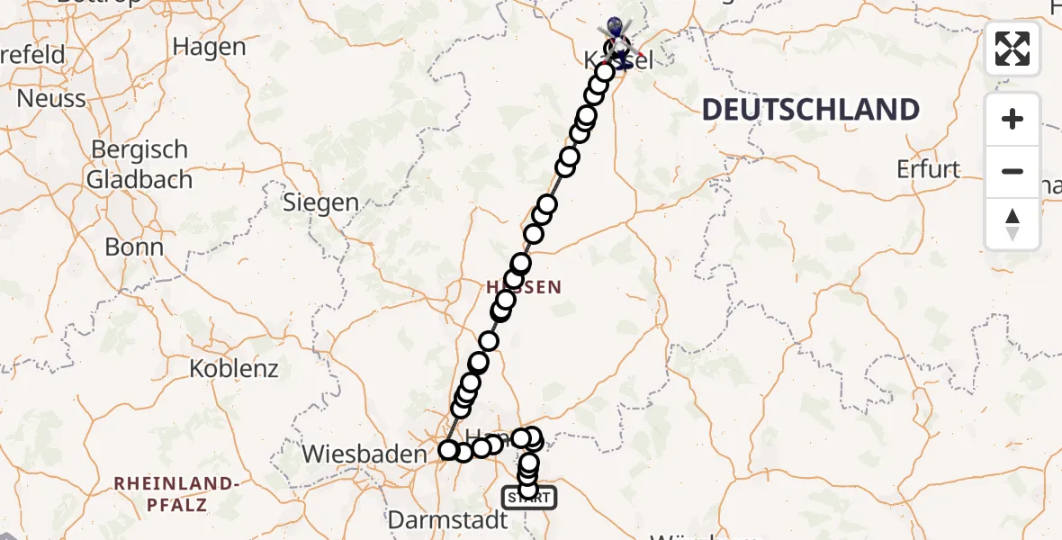 Flugroute Polizeihubschrauber Großostheim - Fuldatal Bundespolizei Hubschrauberlandeplatz, 16 Mai 2026, 18:45