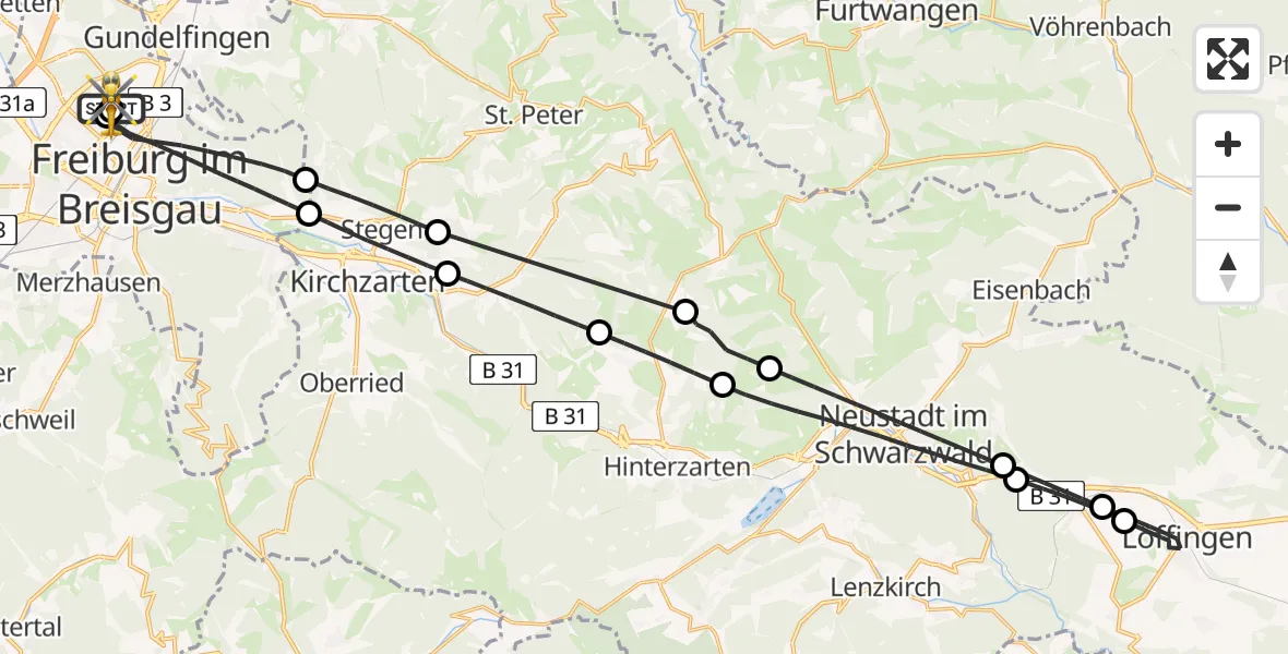 Flugroute Rettungshubschrauber Freiburg im Breisgau Flugplatz - Freiburg im Breisgau Flugplatz, 16 Mai 2026, 18:48