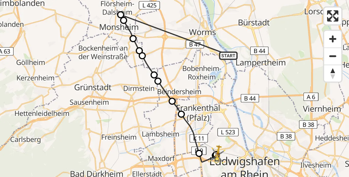 Flugroute Rettungshubschrauber Worms - Ludwigshafen Accident Hospital, 16 Mai 2026, 18:48