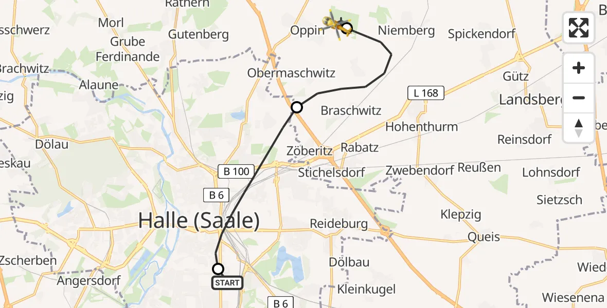 Flugroute Rettungshubschrauber BG Hospital Bergmannstrost Halle - Halle-Oppin Flugplatz, 16 Mai 2026, 18:50