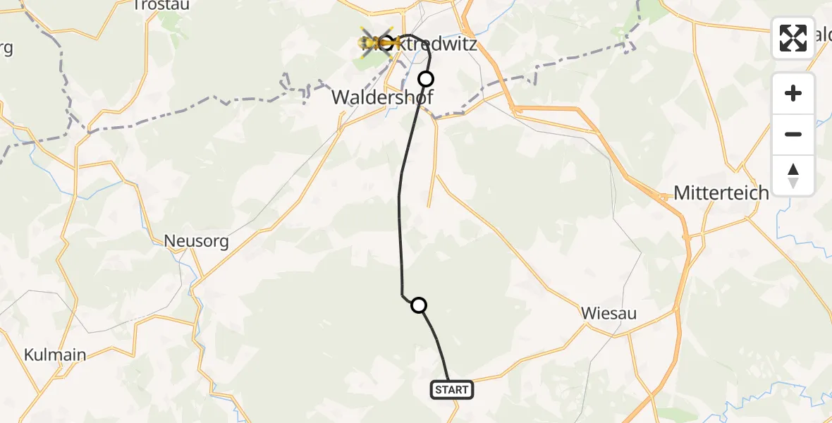 Flugroute Rettungshubschrauber Friedenfels - Fichtelgebirge Hospital Marktredwitz, 16 Mai 2026, 18:52