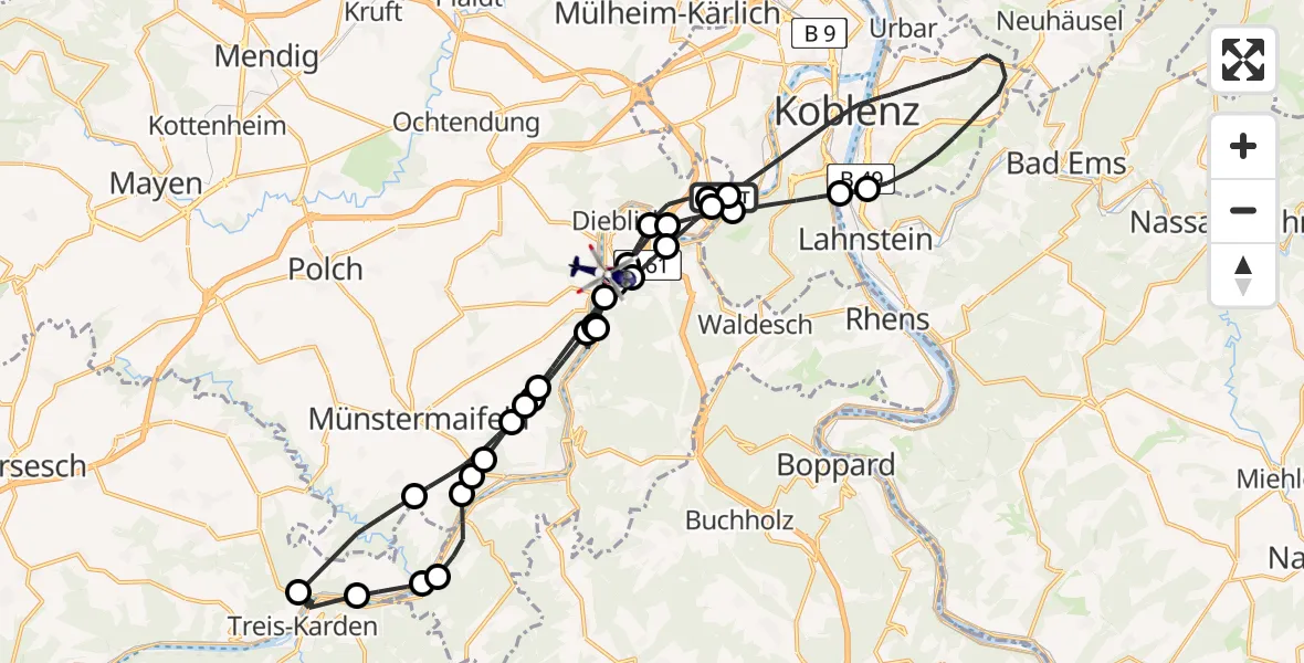 Flugroute Polizeihubschrauber Koblenz-Winningen Flugplatz - Kobern-Gondorf, 16 Mai 2026, 18:54