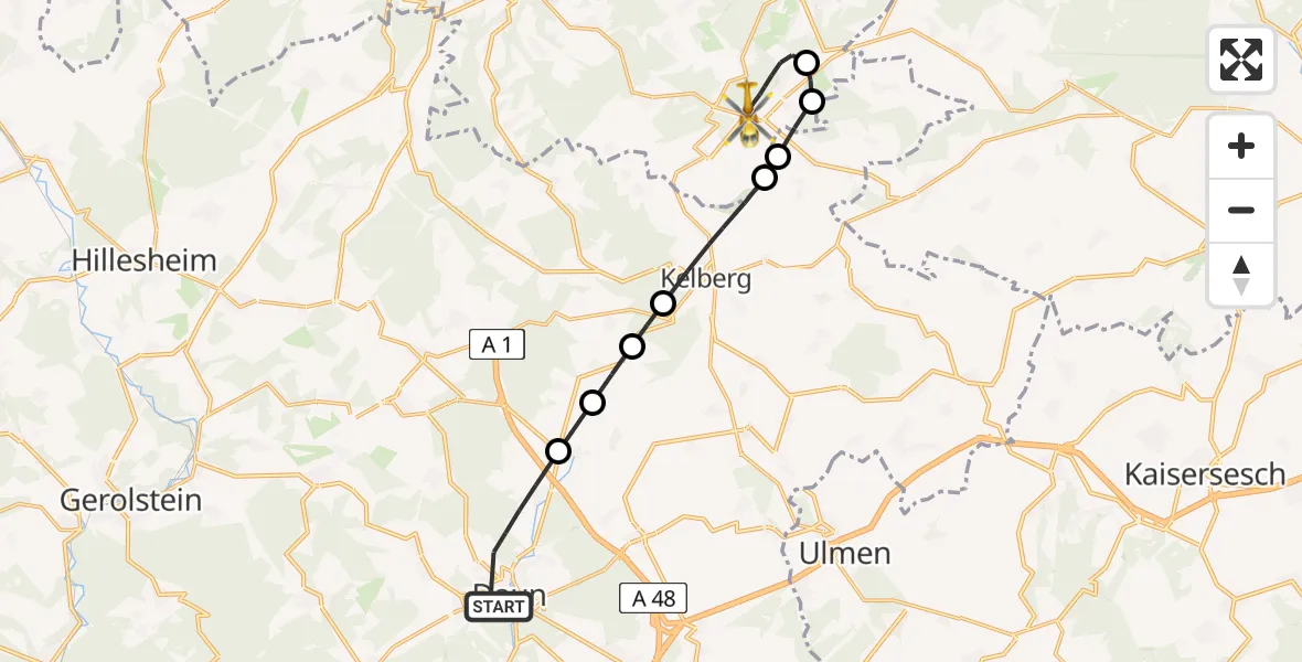Flugroute Ambulanzhubschrauber Daun - Nürburgring Hubschrauberlandeplatz, 16 Mai 2026, 19:01