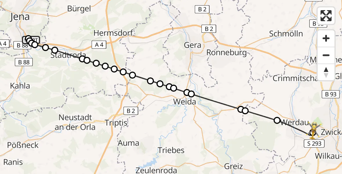 Flugroute Rettungshubschrauber Jena University Hospital - ADAC Air Rescue Station Zwickau Hubschrauberlandeplatz, 16 Mai 2026, 19:05