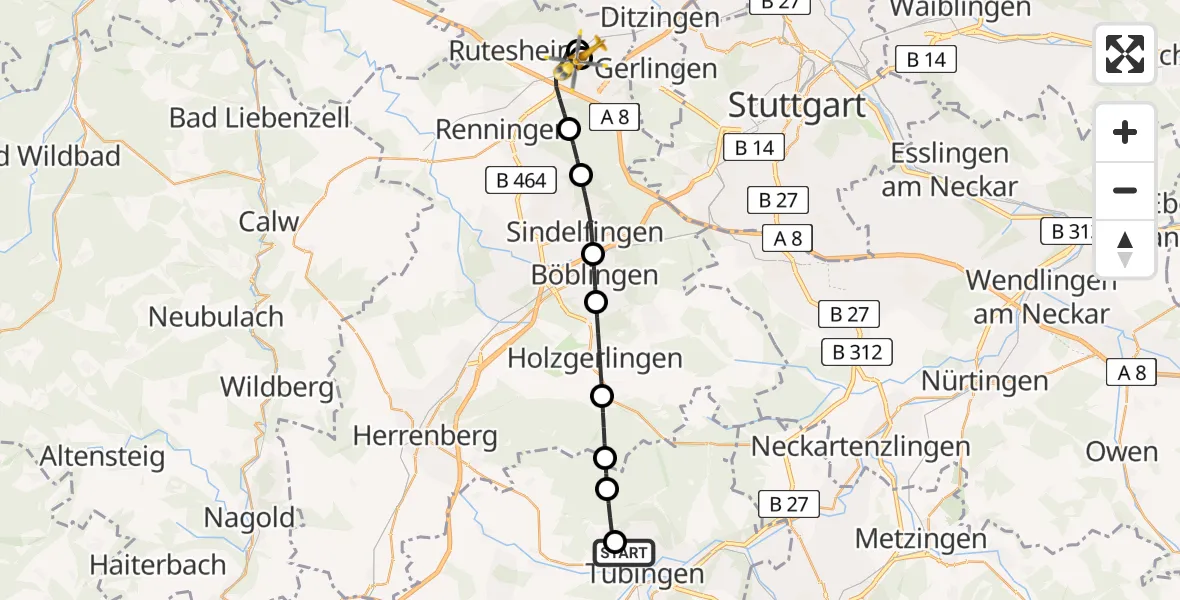 Flugroute Rettungshubschrauber Tübingen Trauma Hospital - Leonberg Hospital, 16 Mai 2026, 19:06