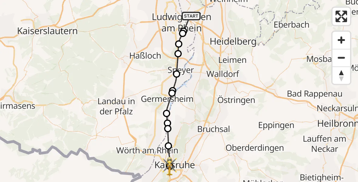 Flugroute Rettungshubschrauber Mannheim - Sankt Vincentius Hospital, 16 Mai 2026, 19:07