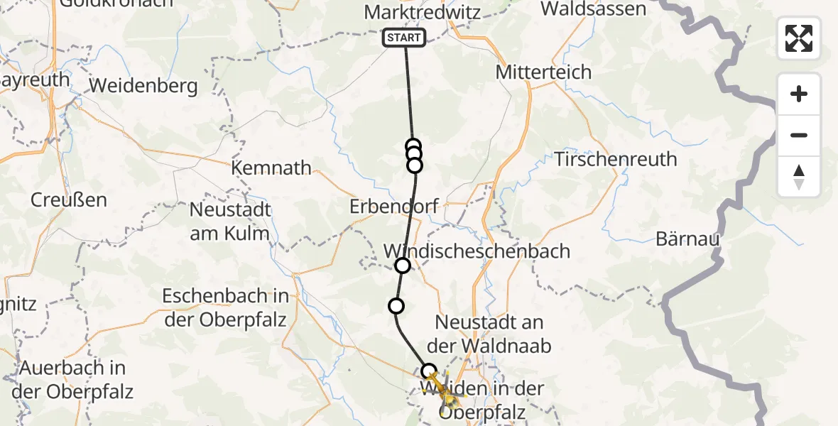 Flugroute Rettungshubschrauber Waldershof - Weiden i.d.OPf., 16 Mai 2026, 19:23