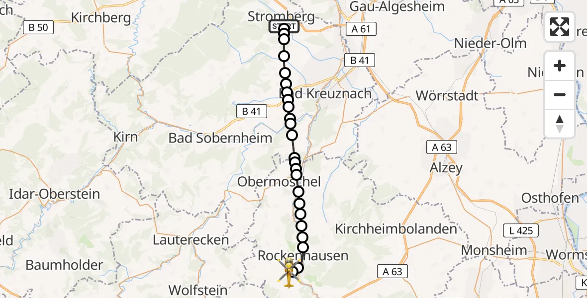 Flugroute Rettungshubschrauber Stromberg - Imsweiler UL, 16 Mai 2026, 19:25