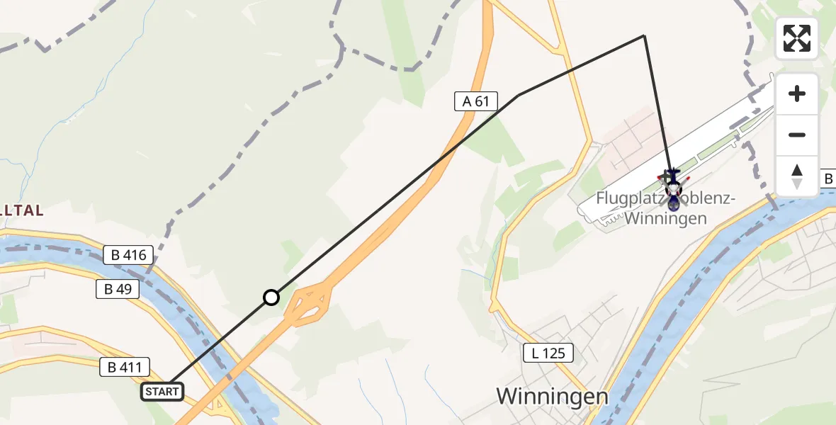 Flugroute Polizeihubschrauber Dieblich - Koblenz-Winningen Flugplatz, 16 Mai 2026, 19:31