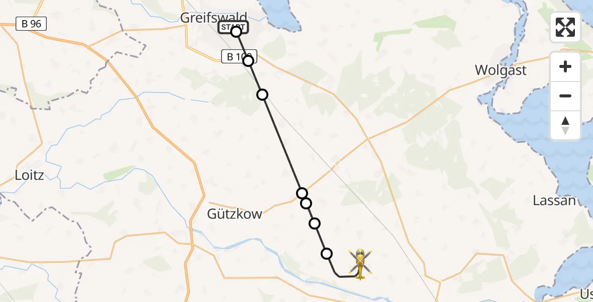 Flugroute Rettungshubschrauber Greifswald Hospital - Groß Polzin, 16 Mai 2026, 19:53