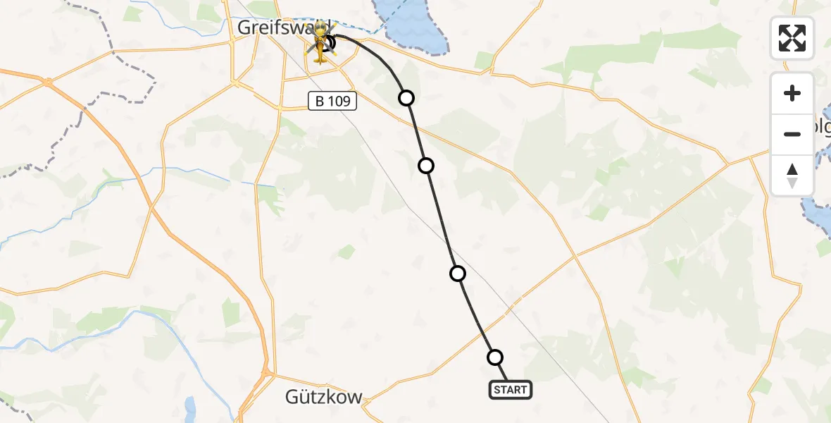 Flugroute Rettungshubschrauber Schmatzin - Greifswald Hospital, 16 Mai 2026, 20:05