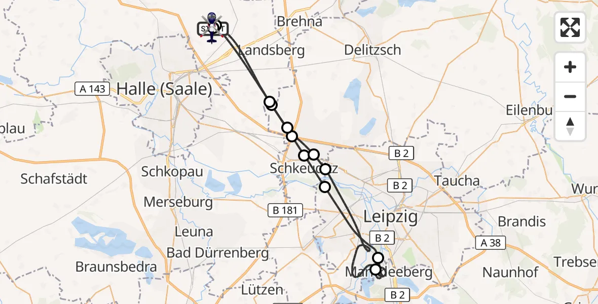 Flugroute Polizeihubschrauber Halle-Oppin Flugplatz - Halle-Oppin Flugplatz, 16 Mai 2026, 20:45