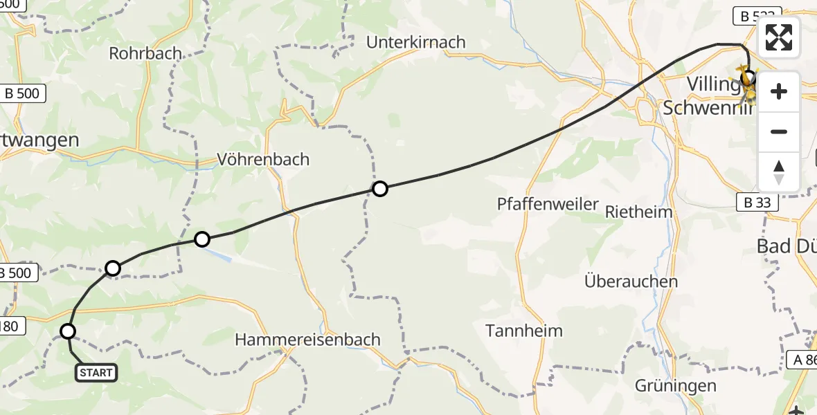 Flugroute Rettungshubschrauber Eisenbach (Hochschwarzwald) - DRF Air Rescue Station Villingen-Schwenningen Hubschrauberlandeplatz (Christoph 11), 16 Mai 2026, 21:26