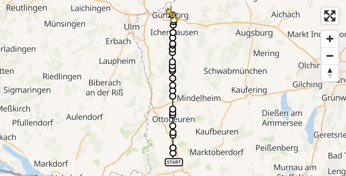 Flugroute Rettungshubschrauber Kempten (Allgäu) - Günzburg Hospital, 16 Mai 2026, 21:29