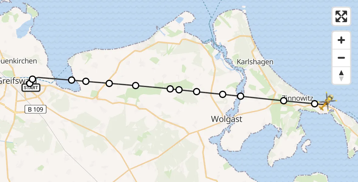 Flugroute Rettungshubschrauber Greifswald Hospital - Zempin, 16 Mai 2026, 21:36