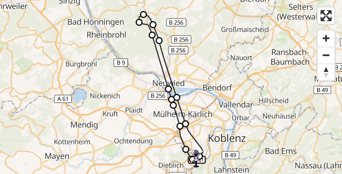 Flugroute Polizeihubschrauber Koblenz-Winningen Flugplatz - Koblenz-Winningen Flugplatz, 16 Mai 2026, 21:52