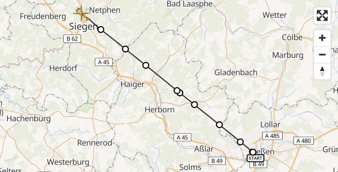 Flugroute Rettungshubschrauber Gießen - Siegen, 16 Mai 2026, 22:02